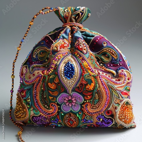 Ornate beaded drawstring bag