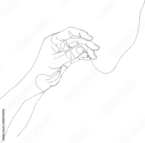 Minimalist hand line art drawing, holding invisible thread, black and white sketch for design and decor