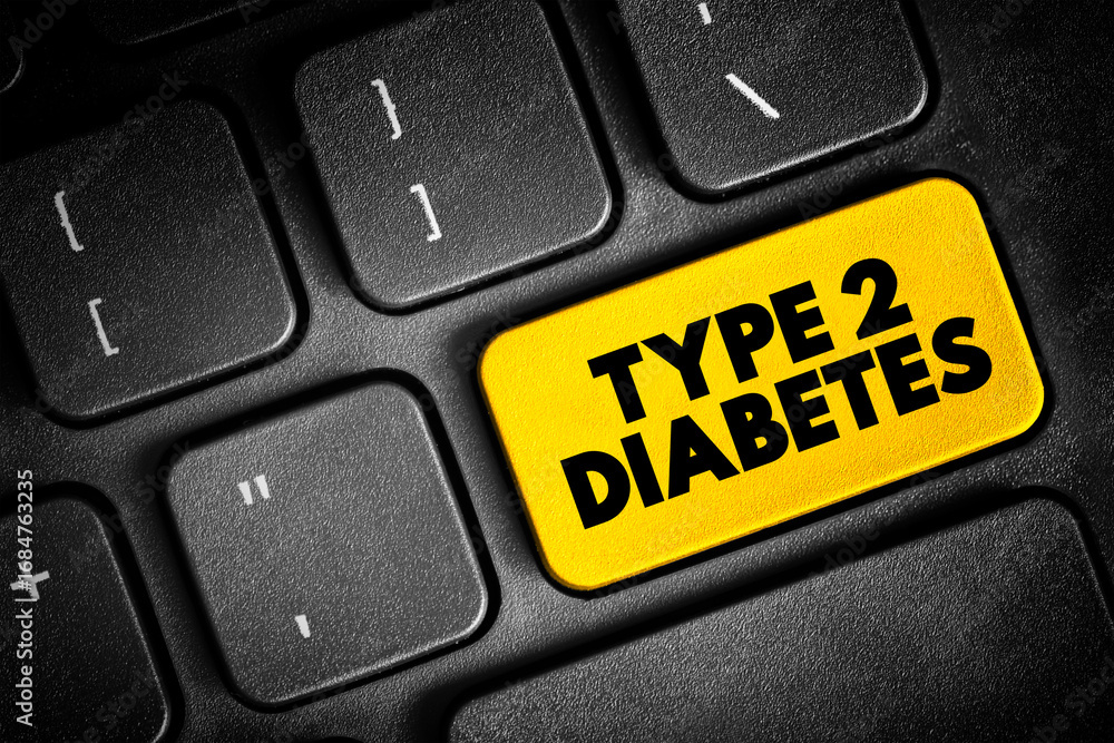 Fototapeta premium Type 2 diabetes - long-term medical condition in which your body doesn't use insulin properly, resulting in unusual blood sugar levels, text concept button on keyboard