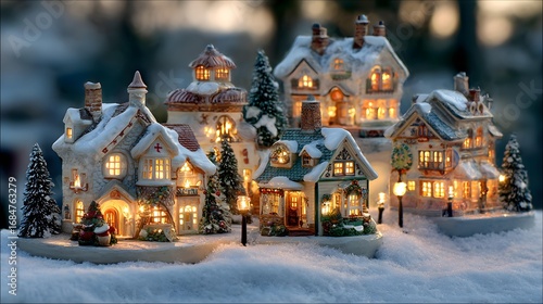 Winter snowy village with decorated houses and lanterns