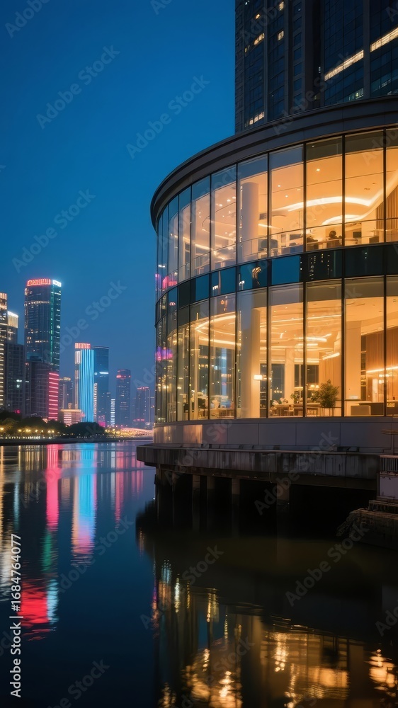 Naklejka premium Modern Glass Building Reflecting in Water at Night