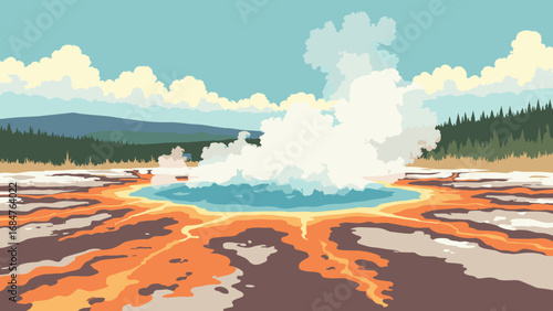 Yellowstone geyser field, USA – steaming geyser plumes and colorful microbial terraces, palette: steam white, thermal orange, sulfur yellow, obsidian