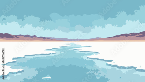 Salar de Uyuni salt flat, Bolivia – endless mirror after rain reflecting big sky, palette: salt white, sky azure, mirror silver, shadow blue