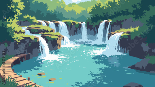Plitvice Lakes cascades, Croatia – terraced aquamarine pools and wood boardwalks, palette: aquamarine, lichen green, boardwalk brown, limestone