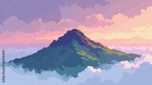 Mount Roraima tepui, Venezuela/Guyana – tabletop plateau emerging from cloud sea, palette: basalt brown, cloud white, moss green, twilight lilac
