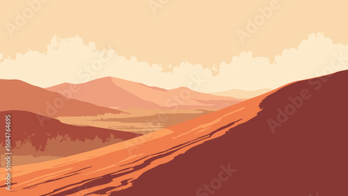 Namib Desert dunes, Namibia – rippled crimson dunes meeting coastal fog, palette: dune red, ochre, fog gray, kelp brown
