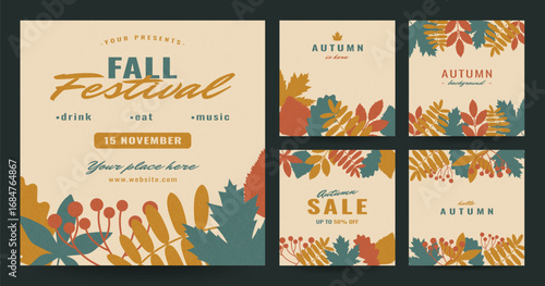 Wallpaper Mural Hello Autumn poster template. Fall festival card. Trendy backgrounds with berries and leaves. Abstract invitation, flyer, cover, social media, sale, advertising set. Grain texture. Flat style Torontodigital.ca