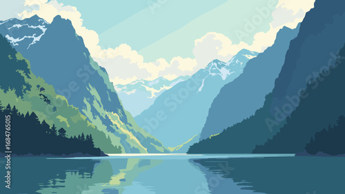Milford Sound, New Zealand – sheer fiords and waterfall strands under alpine clouds, palette: fiord slate, waterfall white, rainforest green, mist blue