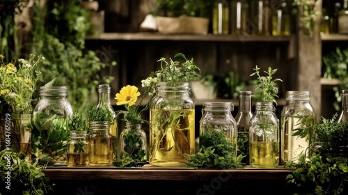 Rustic wooden table adorned with assorted bottles and jars of cosmetic product made from natural ingredients