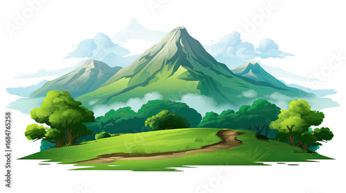 Scenic mountain landscape with trees and mountains isolated on white background
