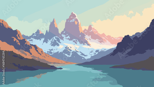Torres del Paine towers, Chile – granite spires and glacial lakes in Patagonian light, palette: granite gray, glacier teal, steppe brown, sunset rose