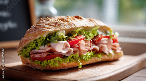 Fresh Deli Sandwich with Sliced Turkey, Lettuce, and Tomato on Crusty Baguette Served on Wooden Board
