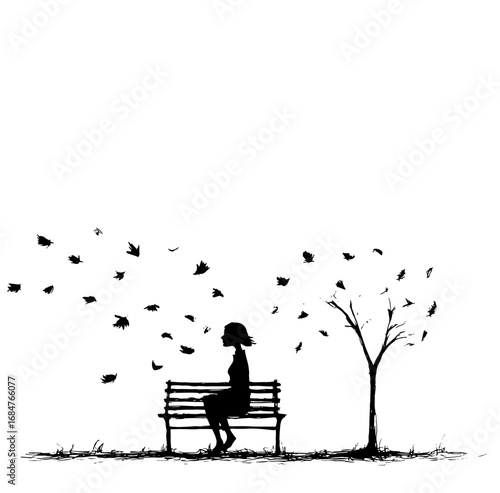 Silhouette of girl sitting on bench in autumn, falling leaves, minimalist line art for seasonal decor and design concept