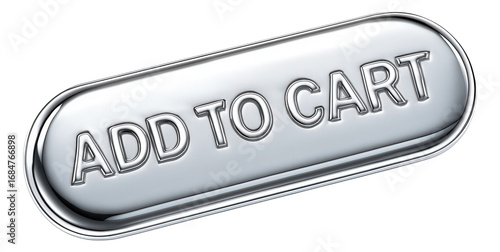 Glossy silver button with ADD TO CART text in raised lettering, essential retail action sticker on transparent background.