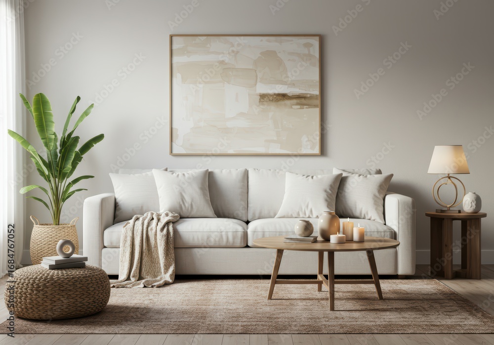 Fototapeta premium Modern living room interior with a white couch, wooden coffee table and a tropical green plant on white wall background. Home design concept in a minimalist interior design for banner.