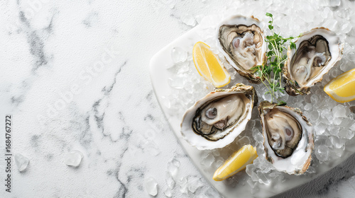Fresh oysters on half shell served on ice with lemon wedges and herbs on marble background
