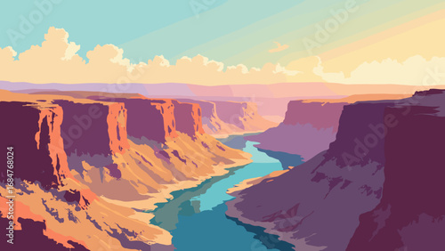 Grand Canyon, USA – vast layered canyon walls at golden hour with Colorado River ribbon below, palette: rust orange, sandstone beige, river teal, sky azure