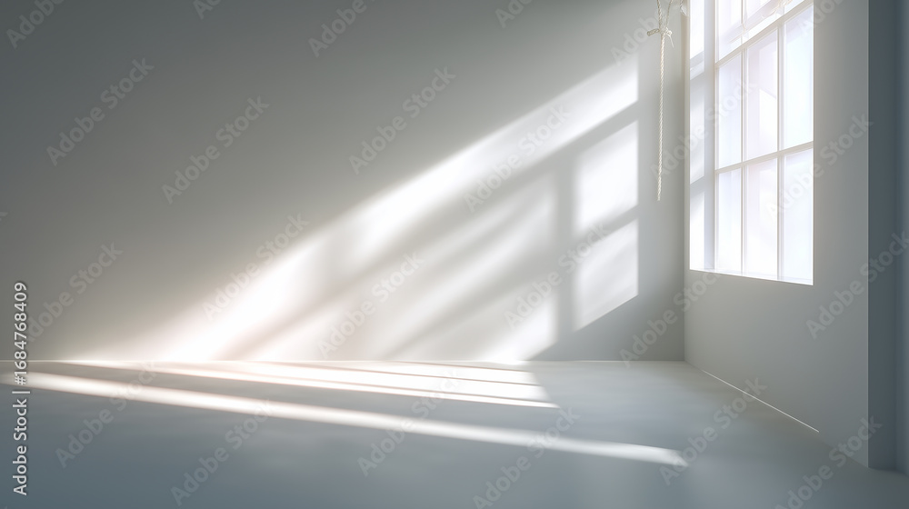 Fototapeta premium Minimalist Empty Room with Sunlight Streaming Through Large Window Casting Soft Shadows on White Walls 