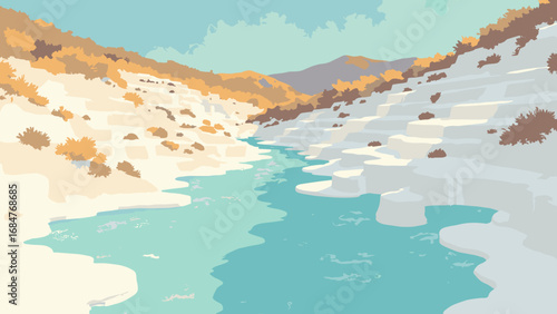 Pamukkale travertine terraces, Turkey – stepped white mineral pools spilling turquoise thermal water, palette: travertine white, thermal teal, sun gold, slate