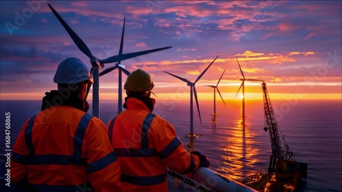 Engineer video at sunset wind turbine sea
