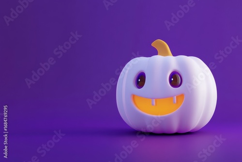 A 3D Halloween pumpkin ghost with glowing accents is positioned against a mysterious purple background