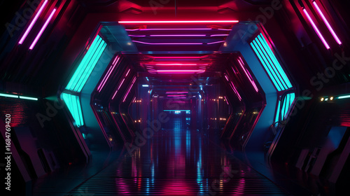 Fototapeta Naklejka Na Ścianę i Meble -  Futuristic Sci-Fi Corridor with Neon Lights in Pink, Blue, and Purple Tones Reflecting on Shiny Metallic Surfaces
