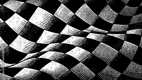 abstract warped checkerboard pattern created with intricate stipple dotwork design, intended for use in contemporary art prints, modern graphic compositions, creative backgrounds, optical illusions