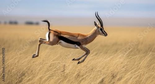 Thomson's Gazelle in Mid-Leap Across Golden Grassland
