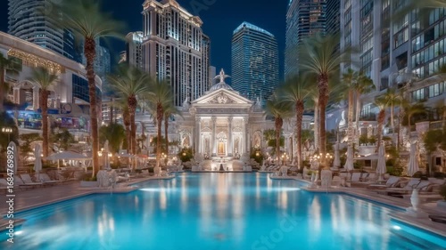 Las Vegas luxury pool and buildings at night  Caesars Palace with Nevada, and USA.