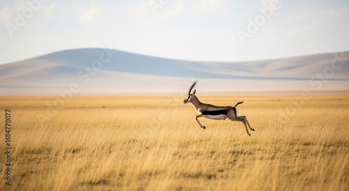 Thomson's Gazelle Leaping Across Golden Grassland, Tanzania, Africa