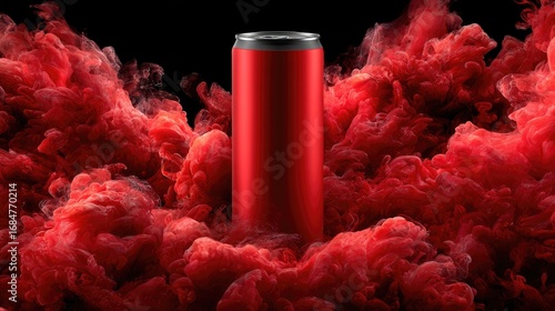 Red can amidst swirling red ink clouds