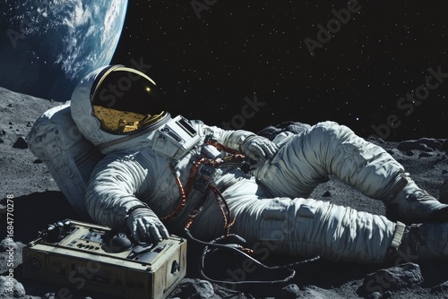 On the lunar surface, an astronaut is undertaking a scientific investigation with a picturesque view of the Earth behind