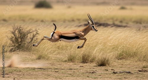 Thomson's Gazelle Leaping Across the African Savannah, Dust Kicking Up