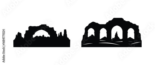 Silhouette illustration of two ancient ruin structures with arches on a white backdrop.