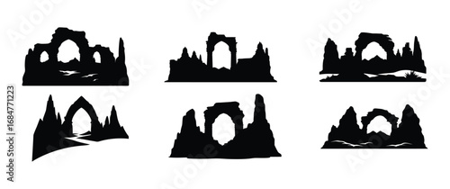 Silhouette Collection of Fantasy Landscapes with Arches, Mountains, and Rock Formations.