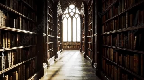 Wallpaper Mural A long hallway in a library with bookshelves and a large window at the end of the hall Torontodigital.ca