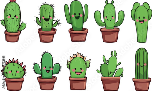 Collection of ten adorable cartoon cacti with happy faces in terracotta pots on white background