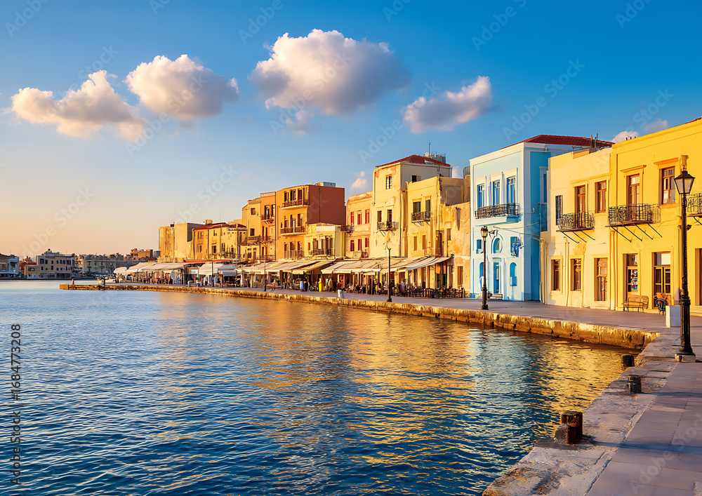 Fototapeta premium Waterfront buildings line the harbor in chania, crete at sunset, with water reflecting the warm light.