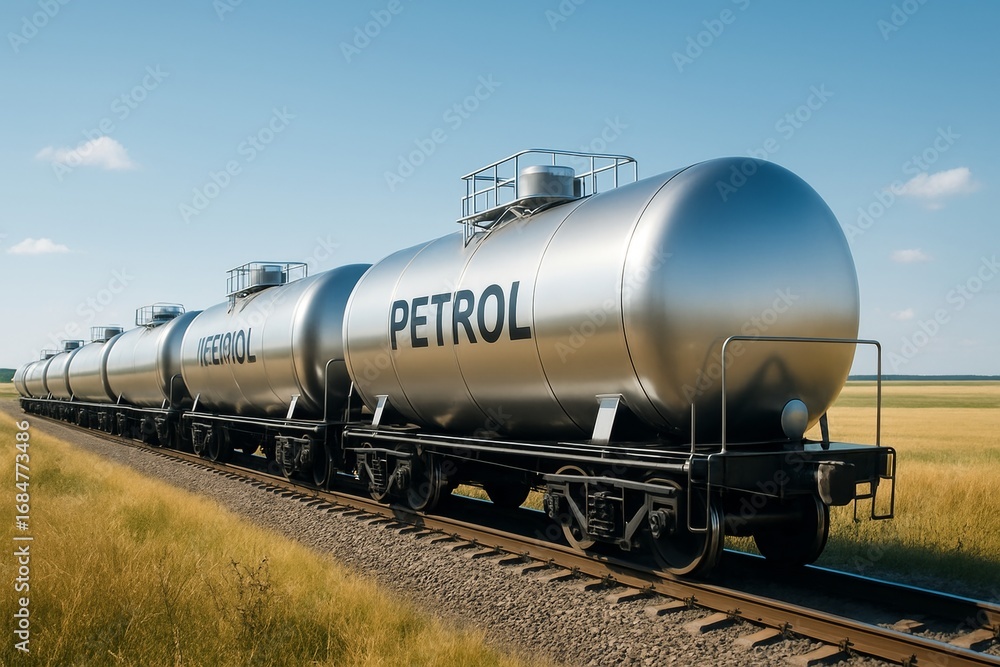 Naklejka premium Long freight train with shiny silver petrol tank cars traveling through countryside on clear day with blue sky and golden field background. Ai generative