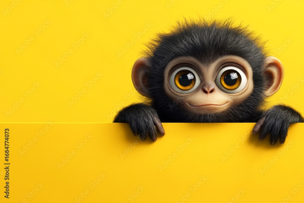 Fototapeta premium Playful Baby Monkey Illustration Peeking Over Yellow Background - Digital Cute holding a blank board