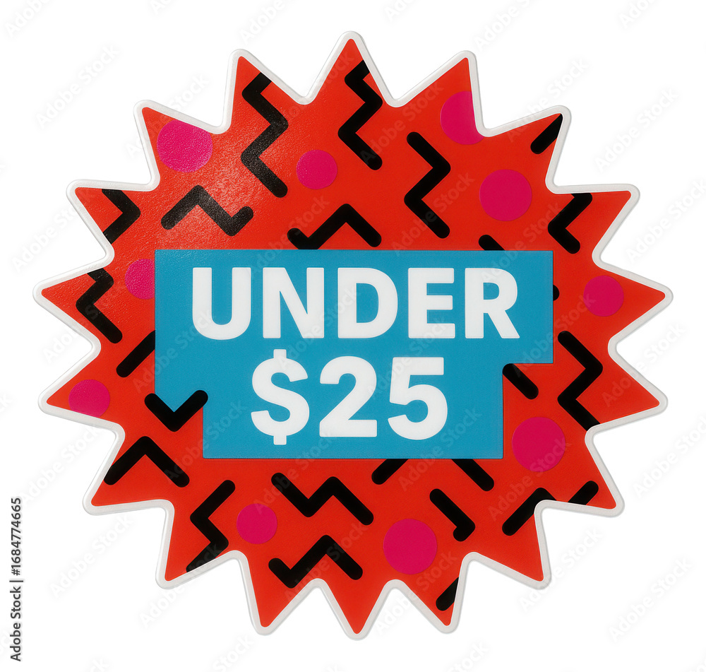 Fototapeta premium Bright red starburst sticker with UNDER $25 discount in bold letters, appealing retail sale promo on transparent background.