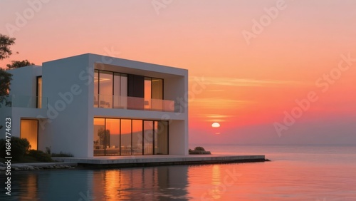 Modern villa with a pool reflecting a vibrant sunset over the sea