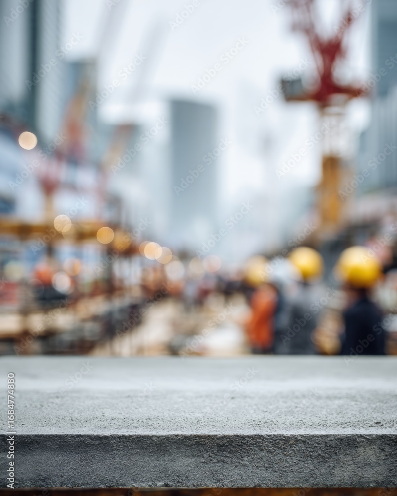Obraz premium Concrete tabletop in sharp focus with blurred construction site in the background, ideal for copy space.