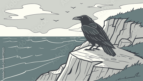 A raven perched on a cliff overlooking the ocean with birds flying in the distance and cloudy skies above
