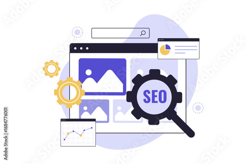 Image Optimization for SEO and Website Performance. A Professional Working on a Website, Highlighting the Importance of Optimizing Image Files for Faster Loading Speed. Vector Flat Illustration