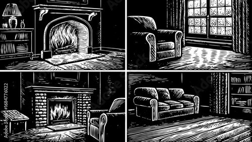 cozy home interior black and white sketch collection, showcasing detailed fireplaces and elegant furniture pieces, created for design inspiration, decorative concepts, architectural drawings