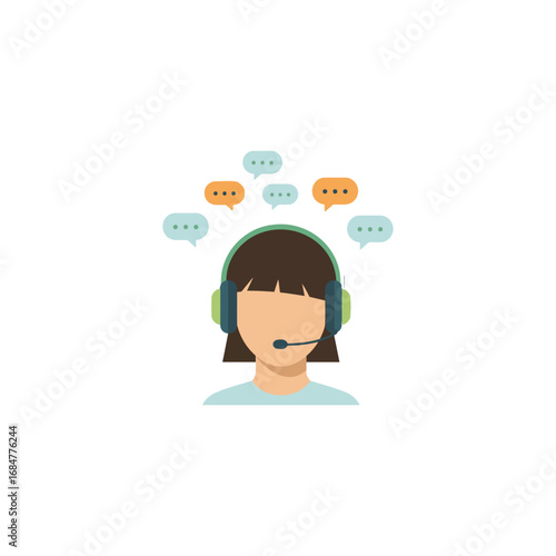 Flat illustration of a customer service representative with speech bubbles indicating communication and support.