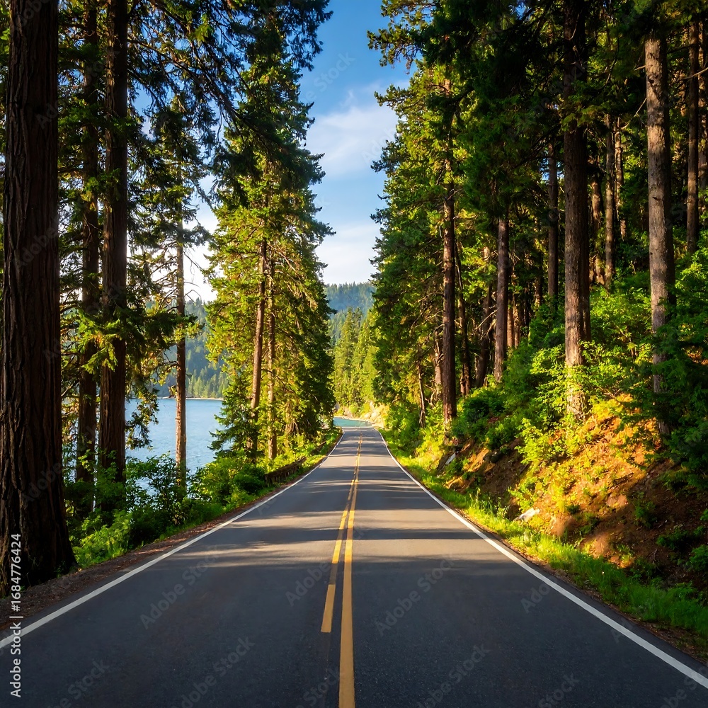 Obraz premium Scenic road through a lush forest, leading to a tranquil lake