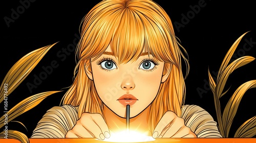 Wallpaper Mural Young Woman with Blonde Hair Drawing on Orange Surface, Pixel Art Style Torontodigital.ca