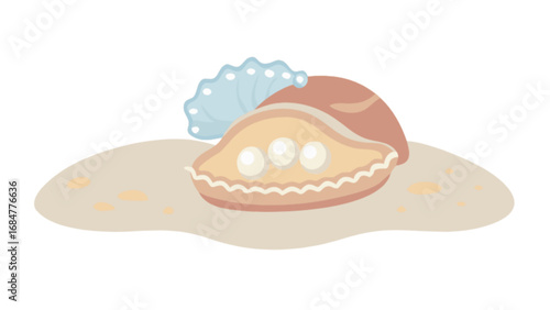 Illustration of an oyster shell with three pearls inside and a blue coral next to it on a light sand